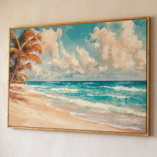 Tropical Beach with Palm Tree Canvas shown in white oak floating frame
