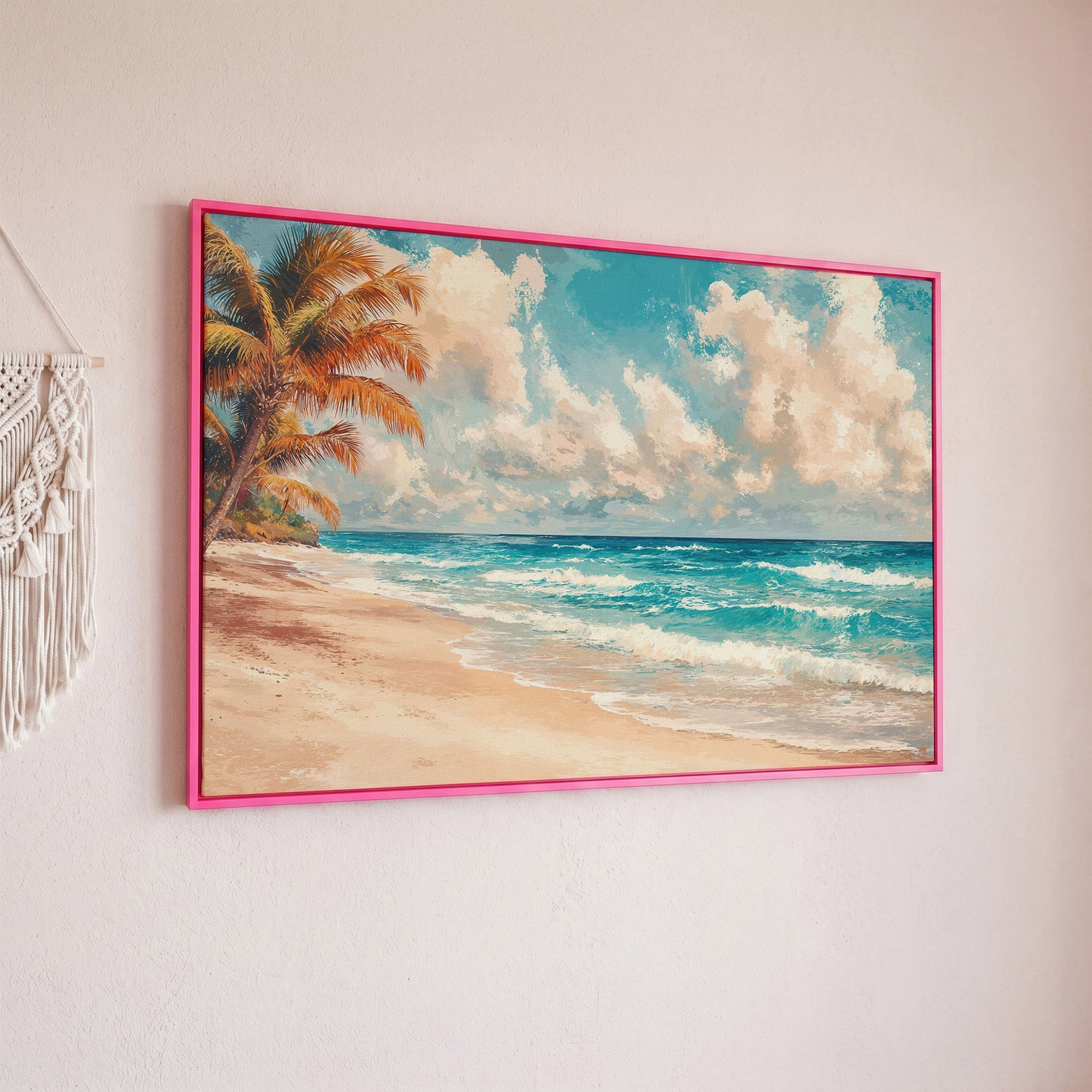 Tropical Beach with Palm Tree Canvas in pink floating frame