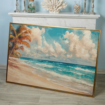 Tropical Beach with Palm Tree Canvas in rose gold floating frame