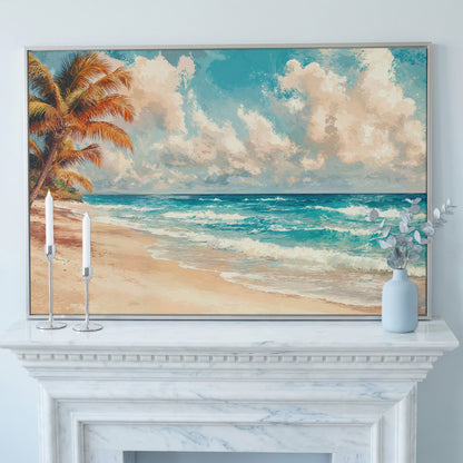 Tropical Beach with Palm Tree Canvas in silver floating frame