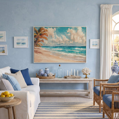 Tropical Beach with Palm Tree Canvas in white floating frame