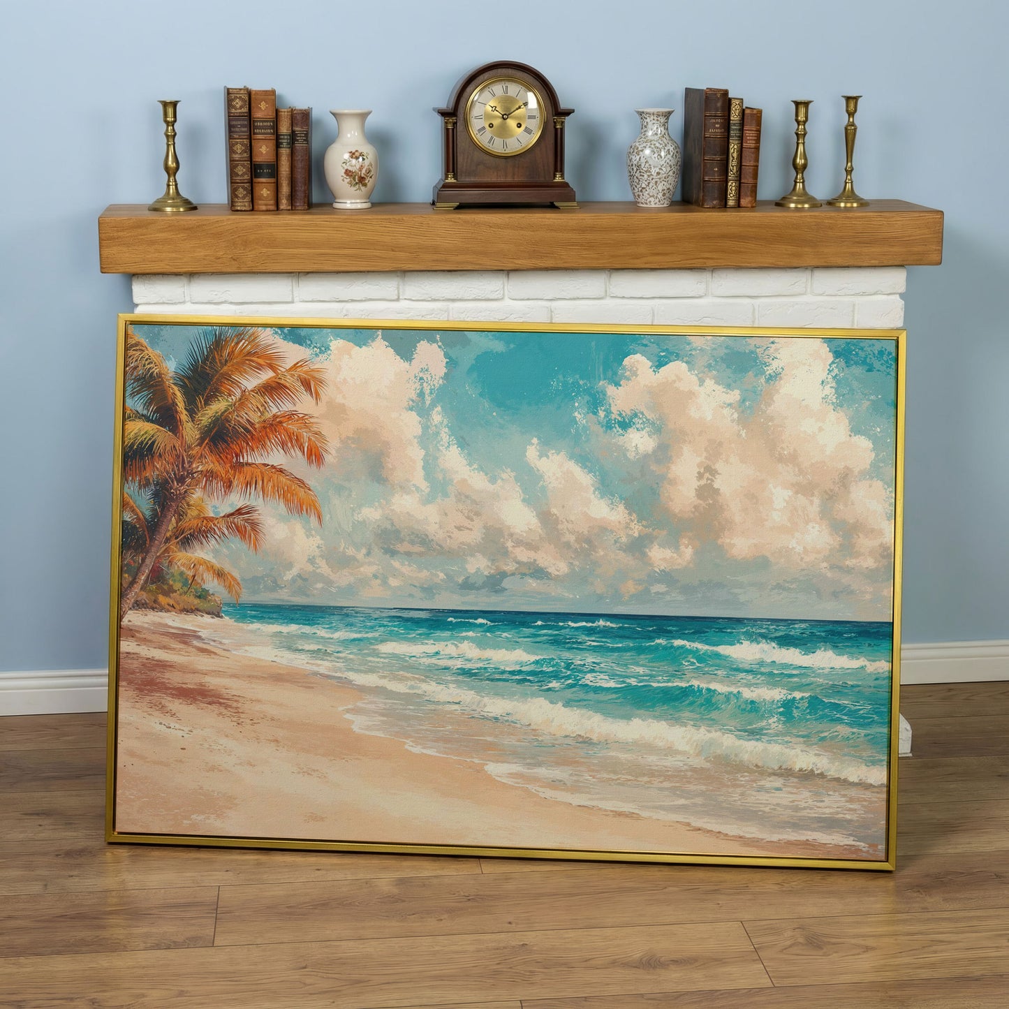 Tropical Beach with Palm Tree Canvas in yellow gold floating frame