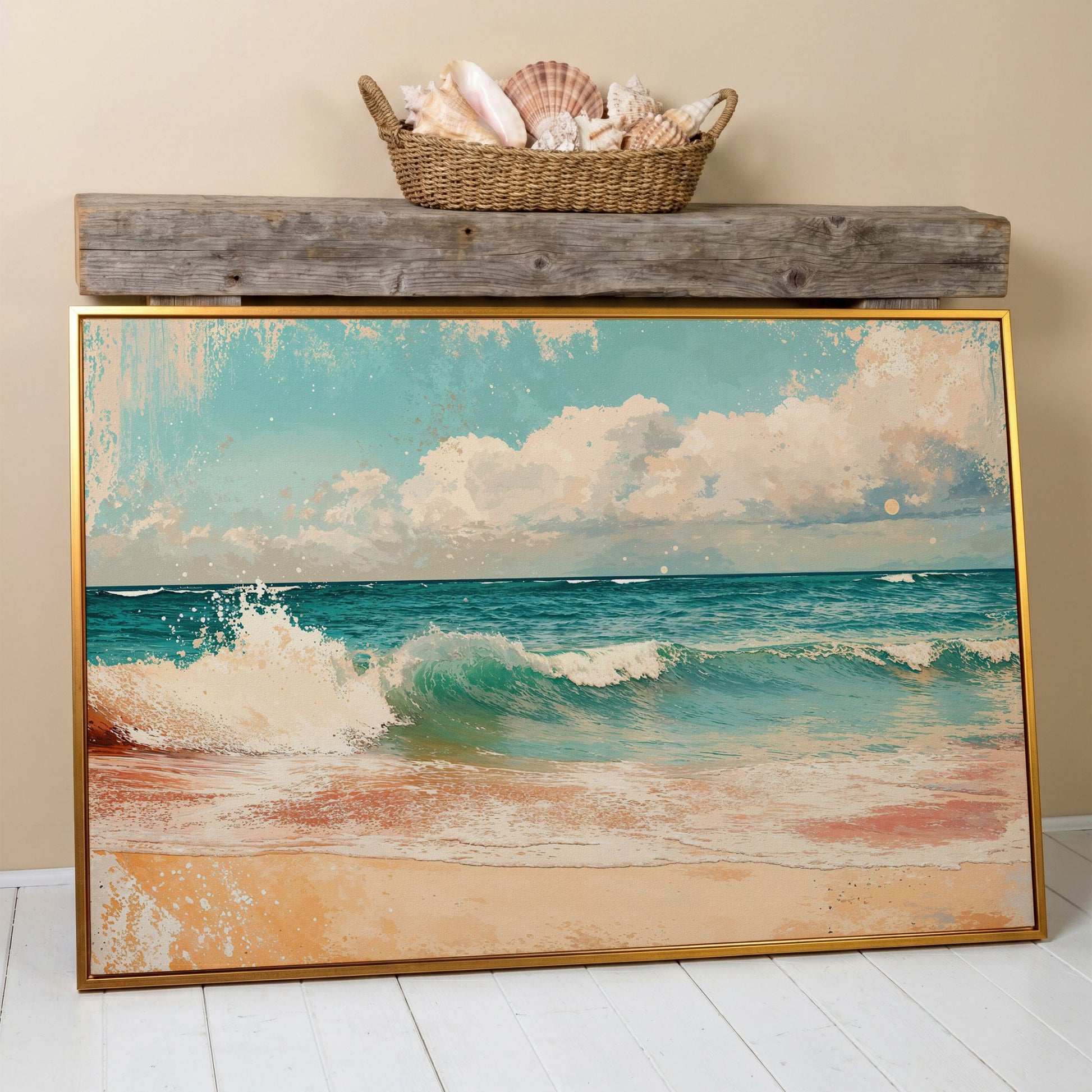 Ocean Wave & Sand Canvas Print in antique gold floating frame