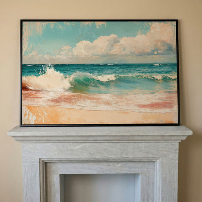 Ocean Wave & Sand Canvas Print in black floating frame