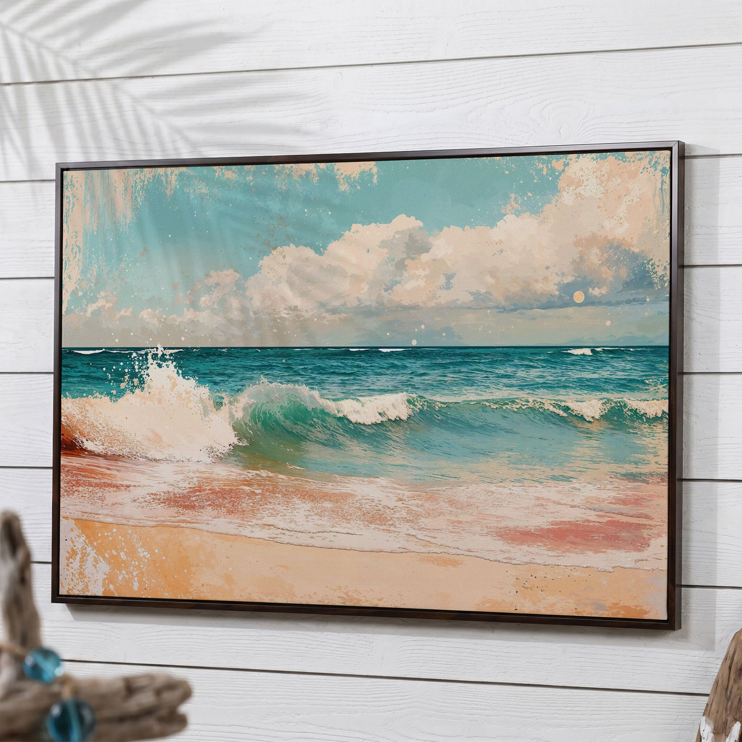 Ocean Wave & Sand Canvas Print in dark walnut floating frame