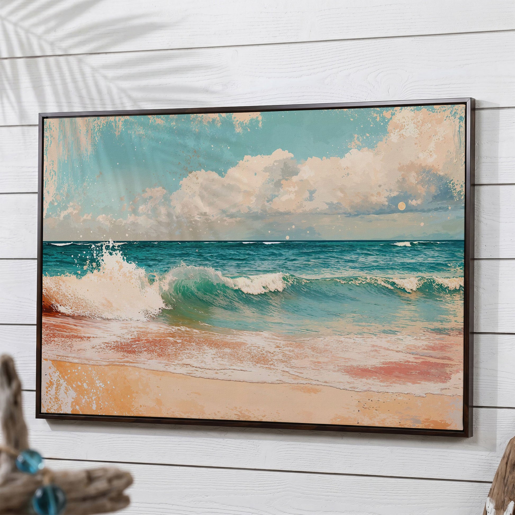 Ocean Wave & Sand Canvas Print in dark walnut floating frame