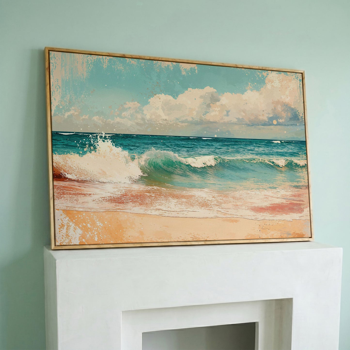 Ocean Wave & Sand Canvas Print in white oak floating frame
