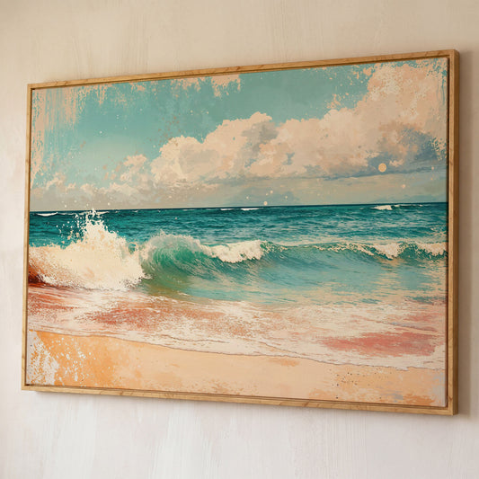 Ocean Wave & Sand Canvas Print shown in white oak floating frame