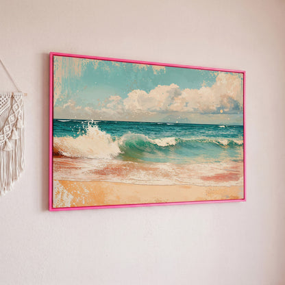 Ocean Wave & Sand Canvas Print in pink floating frame