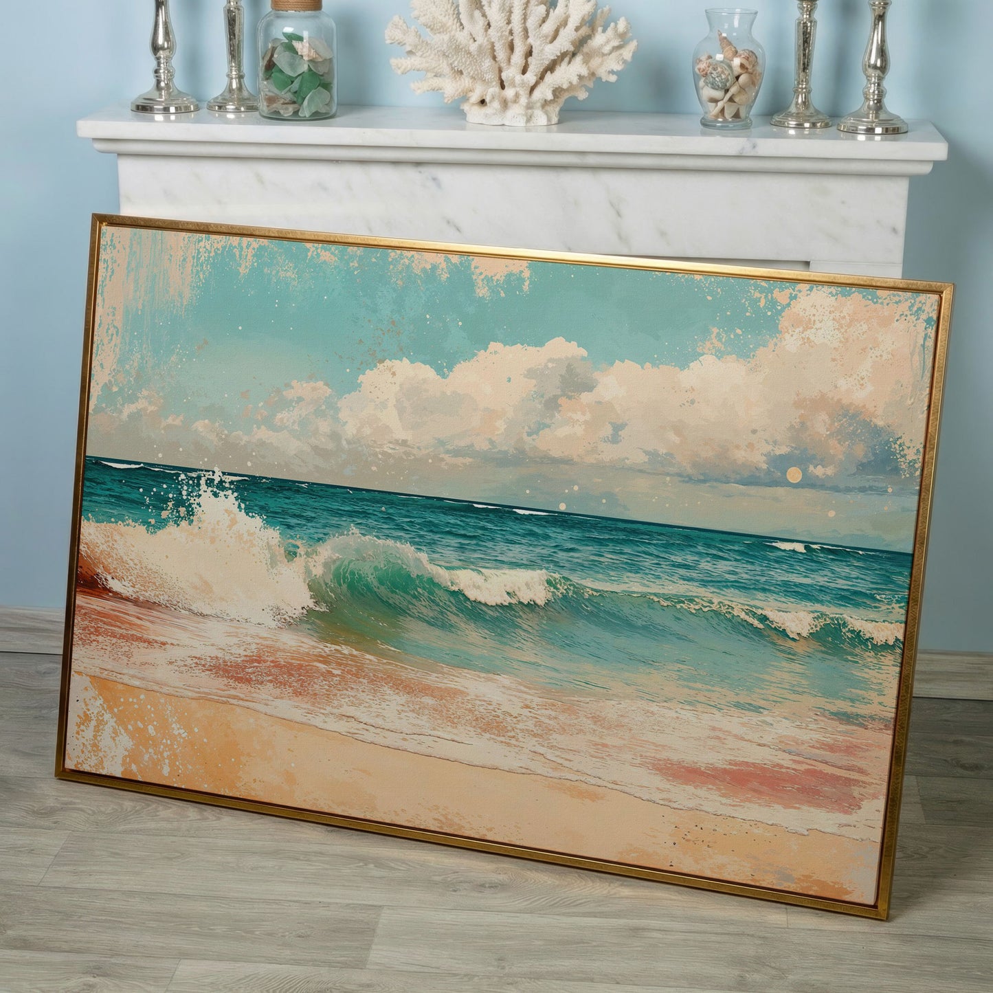 Ocean Wave & Sand Canvas Print in rose gold floating frame