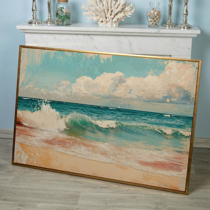 Ocean Wave & Sand Canvas Print in rose gold floating frame