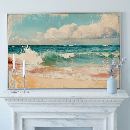 Ocean Wave & Sand Canvas Print in silver floating frame
