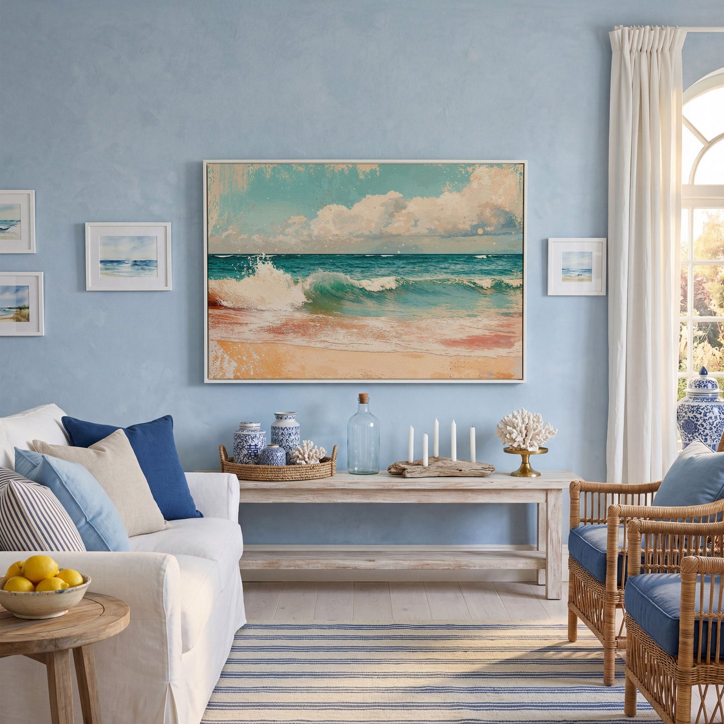 Ocean Wave & Sand Canvas Print in white floating frame