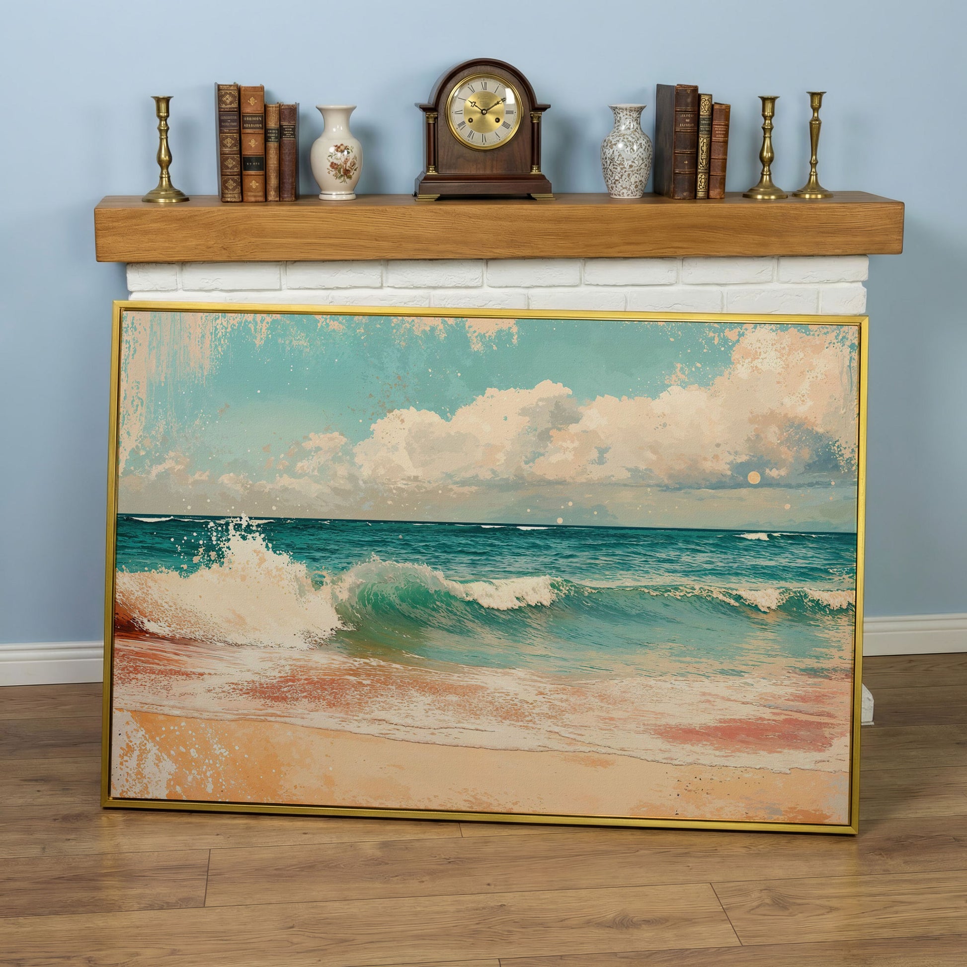 Ocean Wave & Sand Canvas Print in yellow gold floating frame