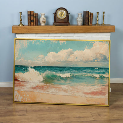 Ocean Wave & Sand Canvas Print in yellow gold floating frame