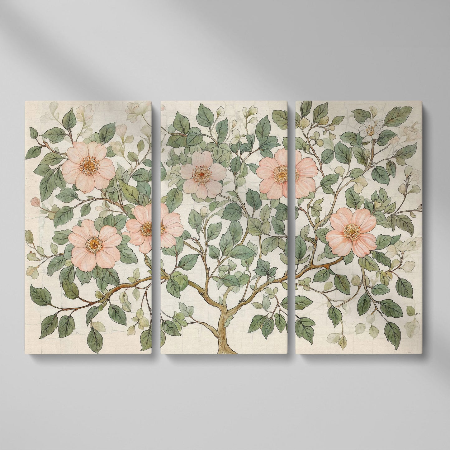 Floral Tree Botanical Canvas Print, Blush and Sage as 3-panel split version