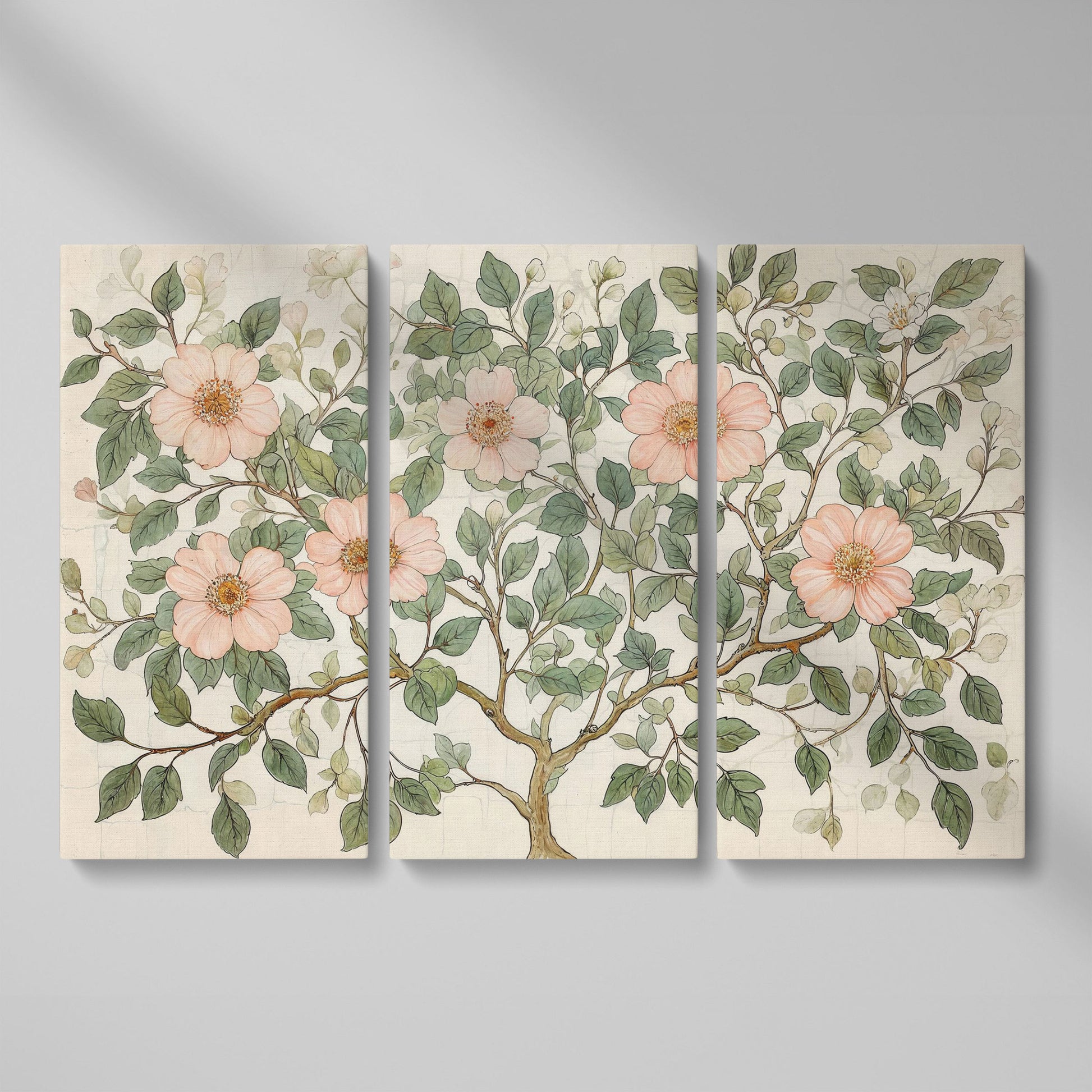 Floral Tree Botanical Canvas Print, Blush and Sage as 3-panel split version