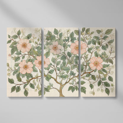Floral Tree Botanical Canvas Print, Blush and Sage as 3-panel split version