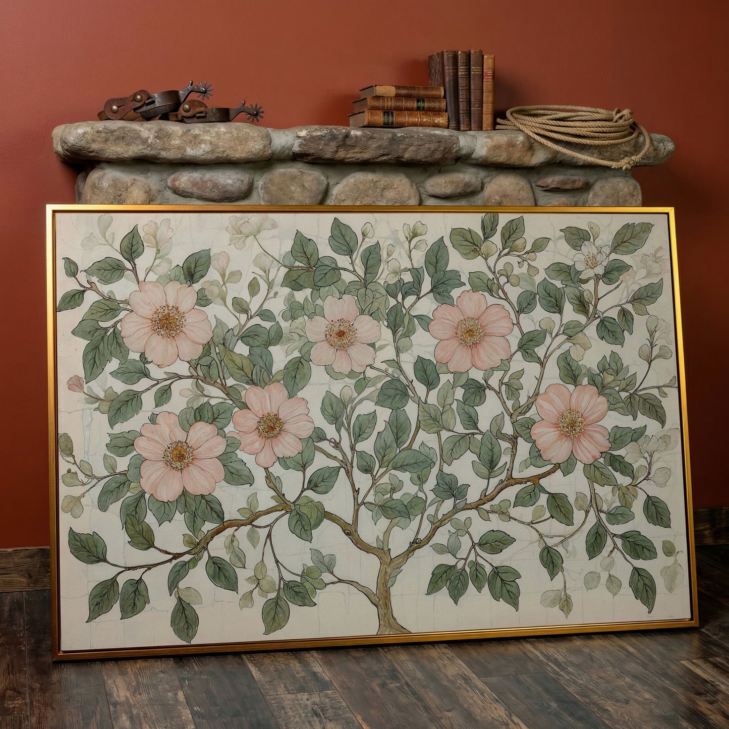 Floral Tree Botanical Canvas Print, Blush and Sage in antique gold floating frame