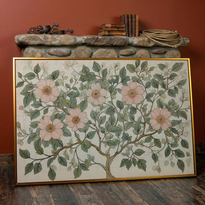 Floral Tree Botanical Canvas Print, Blush and Sage in antique gold floating frame