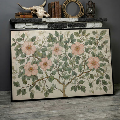 Floral Tree Botanical Canvas Print, Blush and Sage in black floating frame