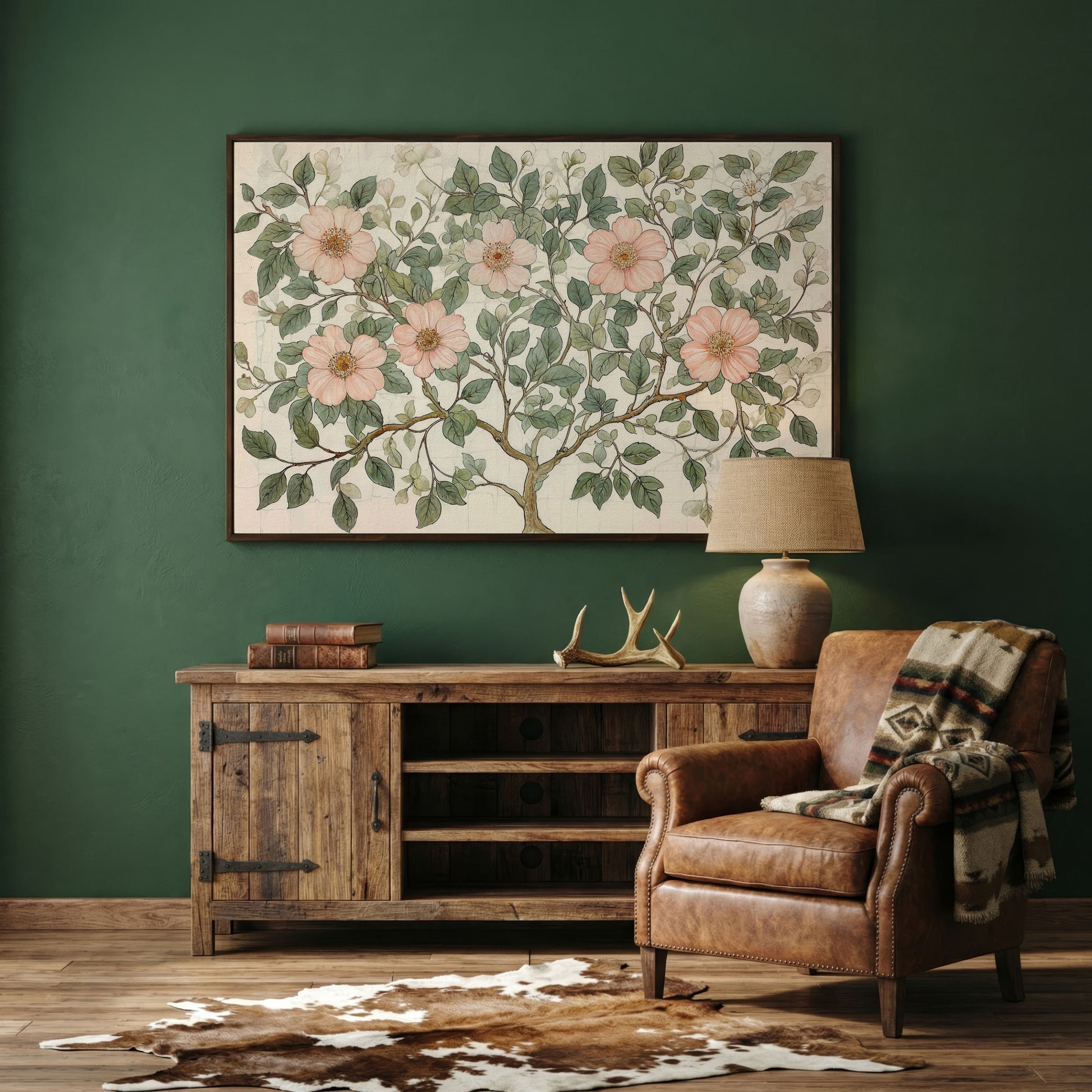 Floral Tree Botanical Canvas Print, Blush and Sage in dark walnut floating frame