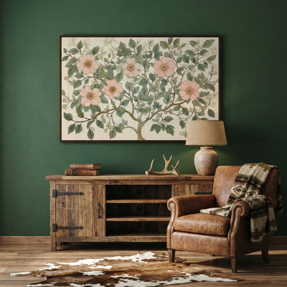 Floral Tree Botanical Canvas Print, Blush and Sage in dark walnut floating frame