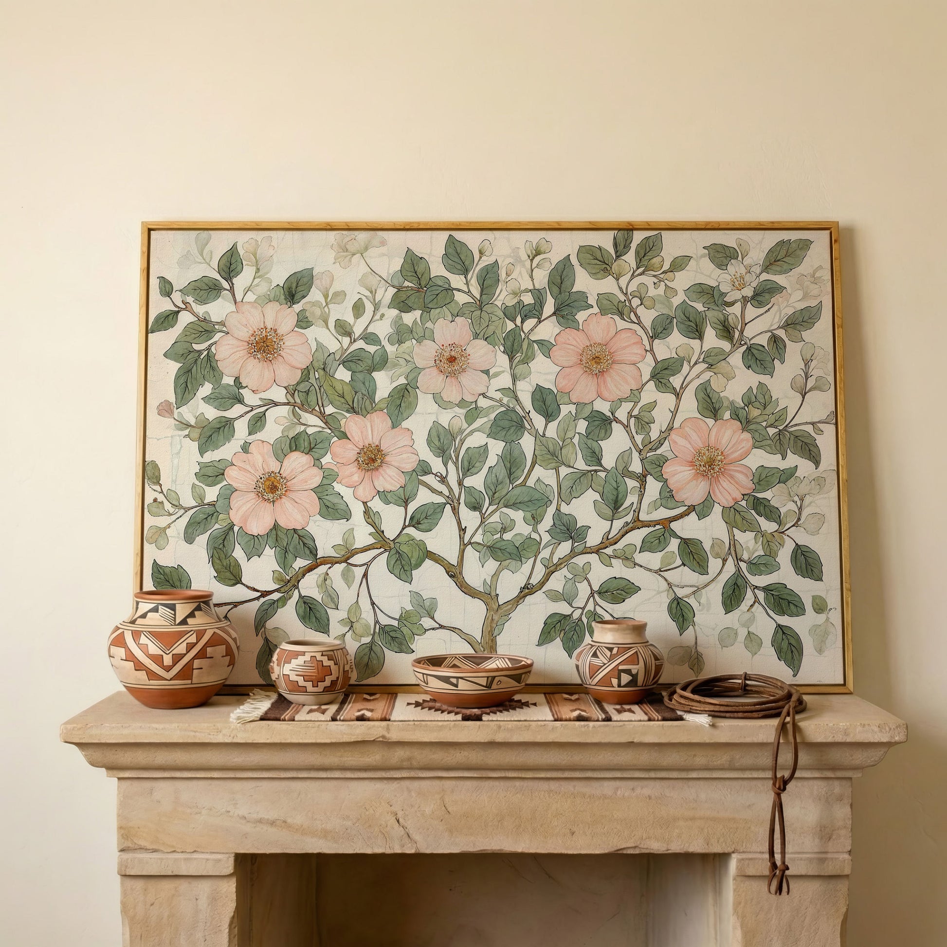 Floral Tree Botanical Canvas Print, Blush and Sage in white oak floating frame