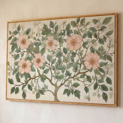 Floral Tree Botanical Canvas Print, Blush and Sage shown in white oak floating frame