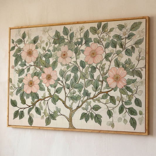 Floral Tree Botanical Canvas Print, Blush and Sage shown in white oak floating frame