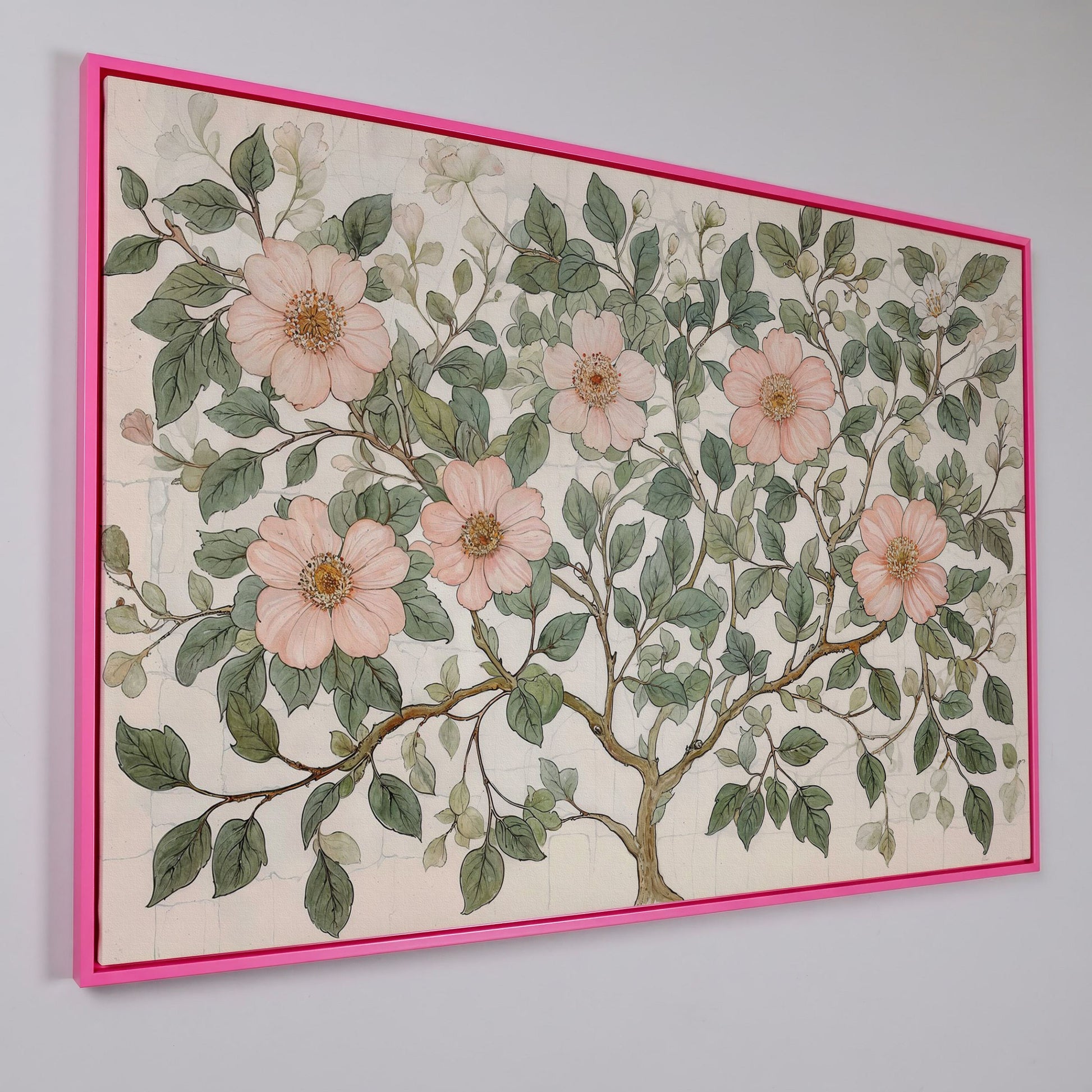 Floral Tree Botanical Canvas Print, Blush and Sage in pink floating frame