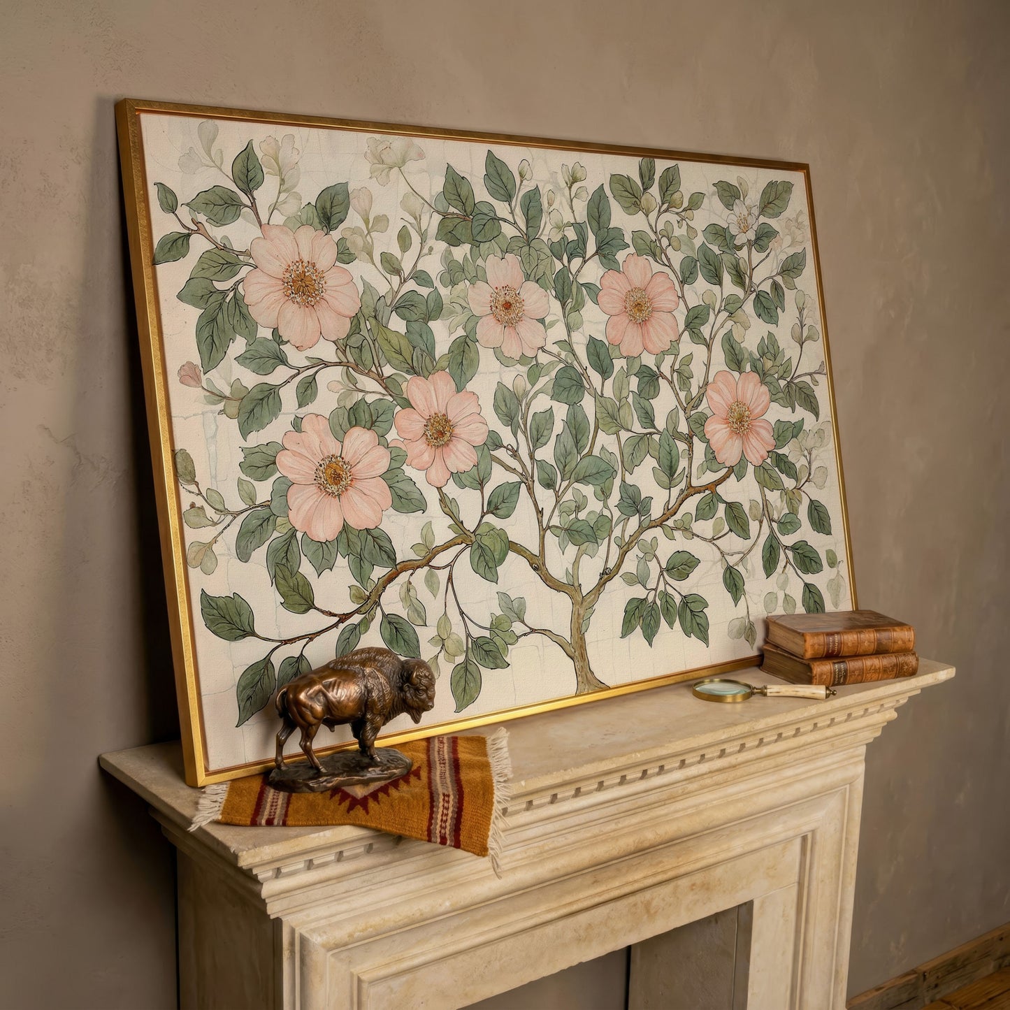 Floral Tree Botanical Canvas Print, Blush and Sage in rose gold floating frame
