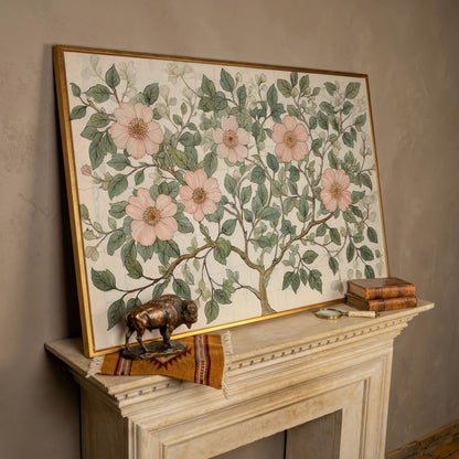 Floral Tree Botanical Canvas Print, Blush and Sage in rose gold floating frame