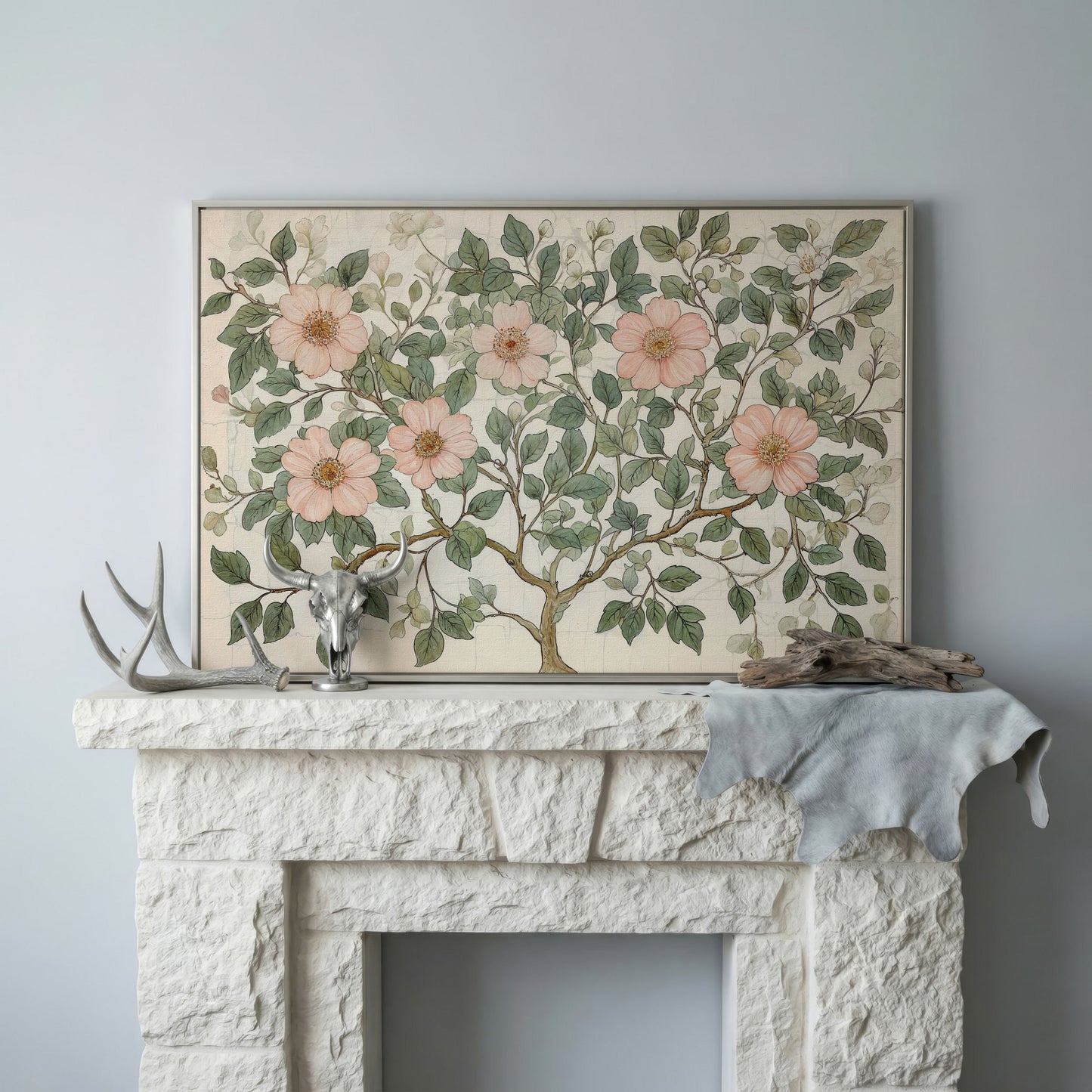 Floral Tree Botanical Canvas Print, Blush and Sage in silver floating frame