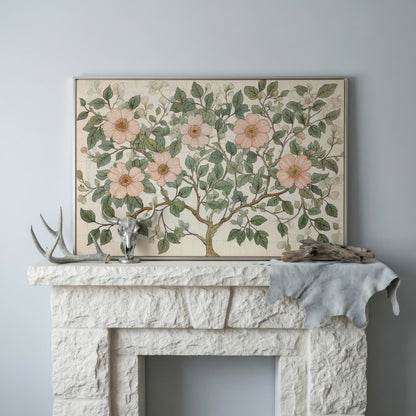 Floral Tree Botanical Canvas Print, Blush and Sage in silver floating frame