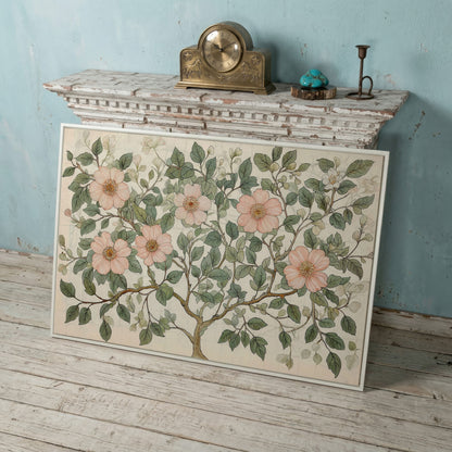 Floral Tree Botanical Canvas Print, Blush and Sage in white floating frame