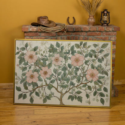 Floral Tree Botanical Canvas Print, Blush and Sage in yellow gold floating frame