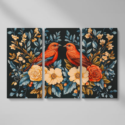 Red Birds & Roses Canvas Print for Living Rooms as 3-panel split version