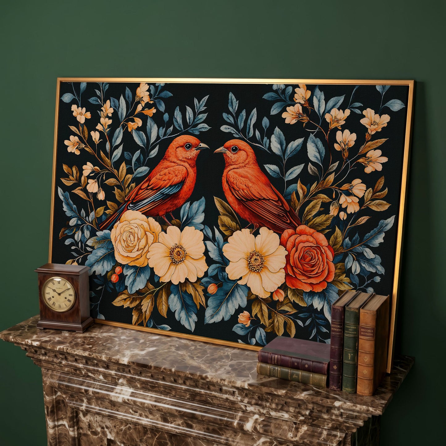 Red Birds & Roses Canvas Print for Living Rooms in antique gold floating frame