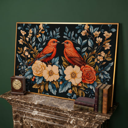 Red Birds & Roses Canvas Print for Living Rooms in antique gold floating frame