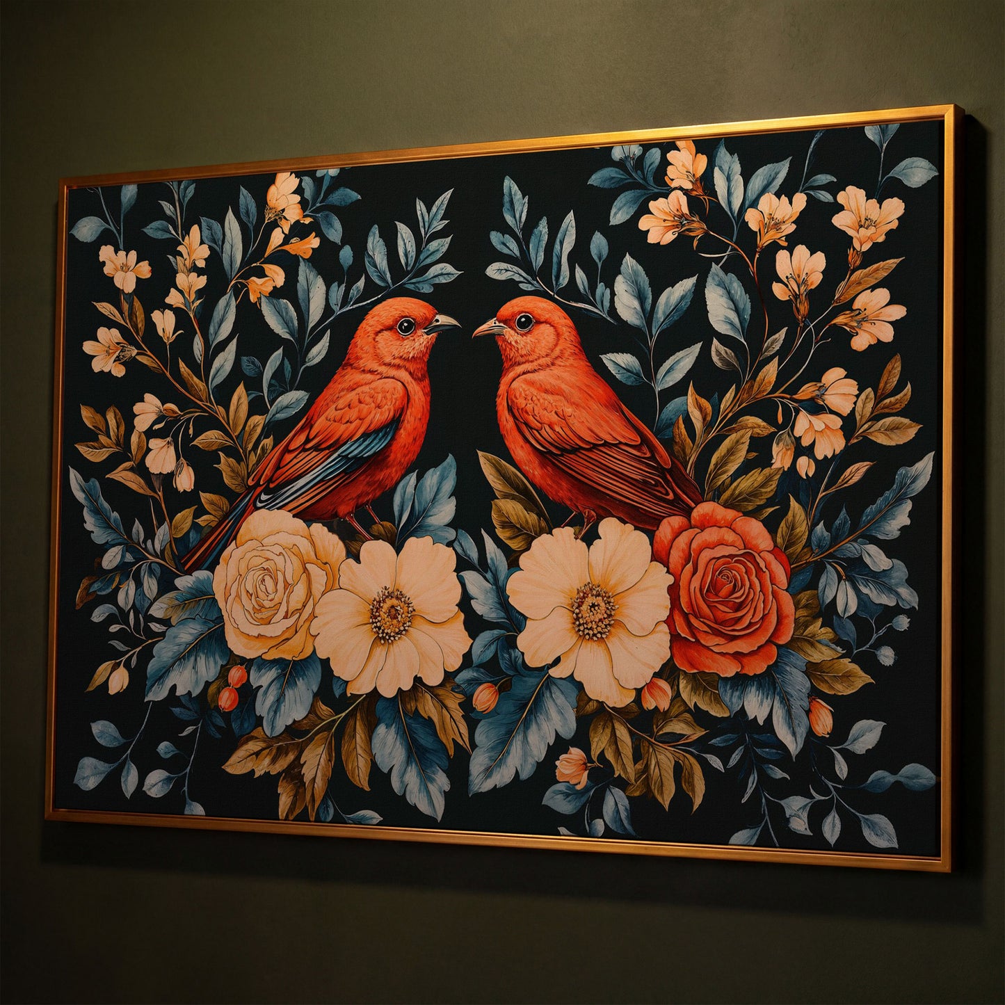 Red Birds & Roses Canvas Print for Living Rooms shown in antique gold floating frame