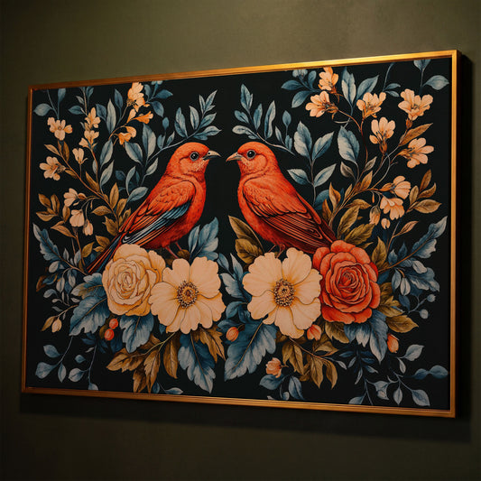 Red Birds & Roses Canvas Print for Living Rooms shown in antique gold floating frame