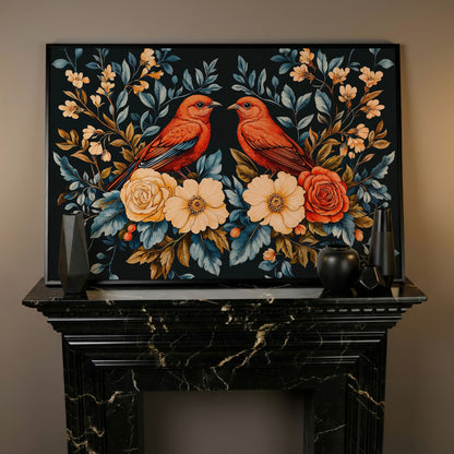 Red Birds & Roses Canvas Print for Living Rooms in black floating frame