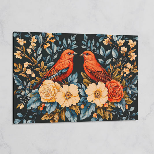 Red Birds & Roses Canvas Print for Living Rooms on gallery wrap