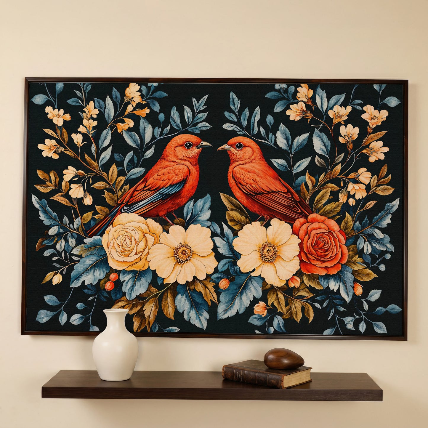 Red Birds & Roses Canvas Print for Living Rooms in dark walnut floating frame