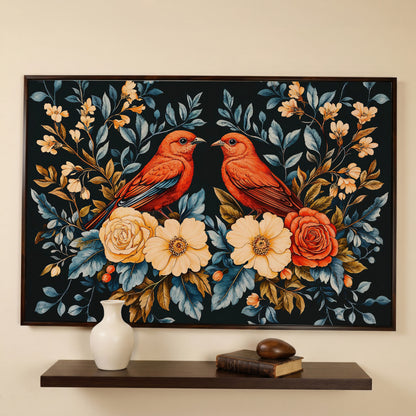 Red Birds & Roses Canvas Print for Living Rooms in dark walnut floating frame