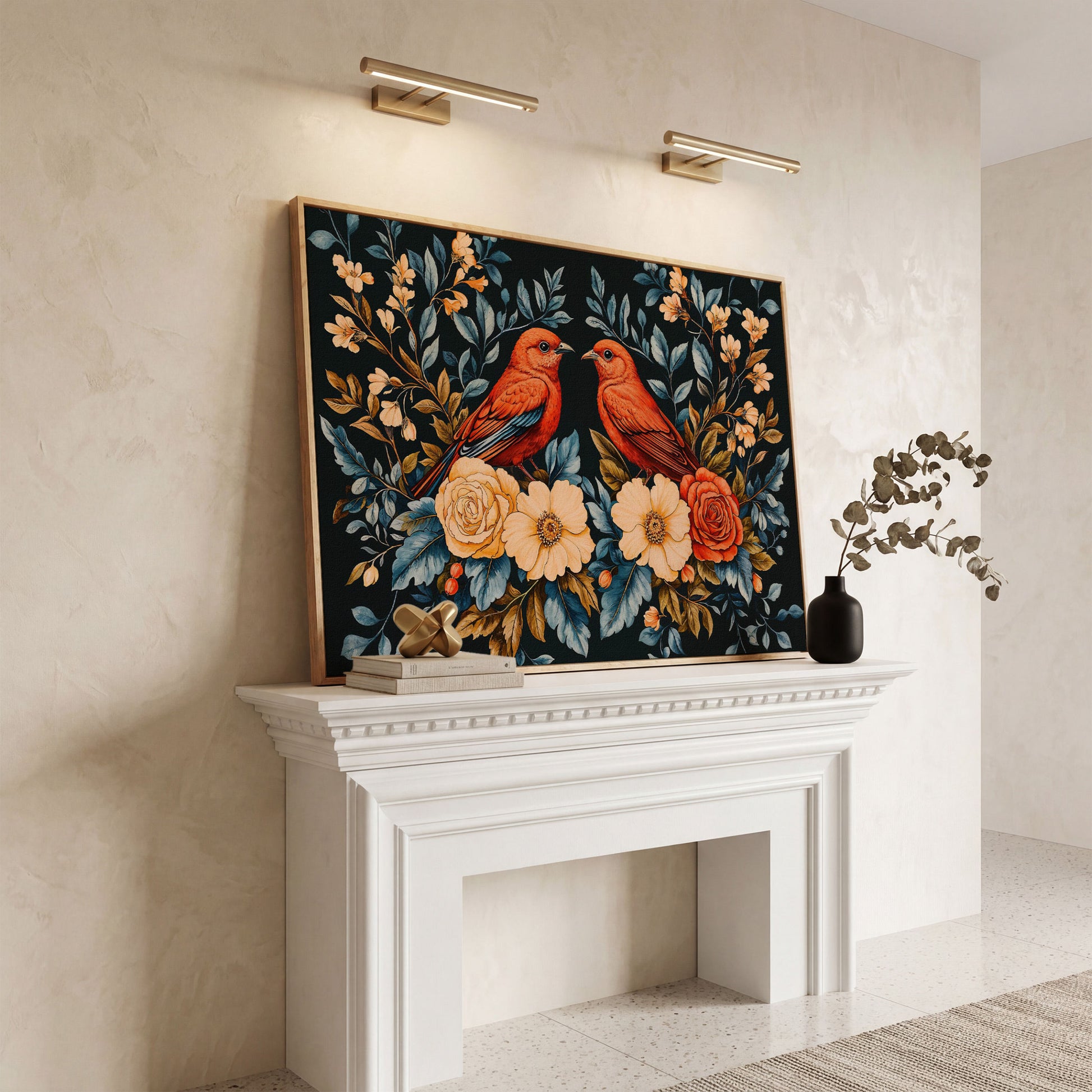 Red Birds & Roses Canvas Print for Living Rooms in white oak floating frame