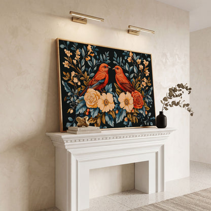 Red Birds & Roses Canvas Print for Living Rooms in white oak floating frame