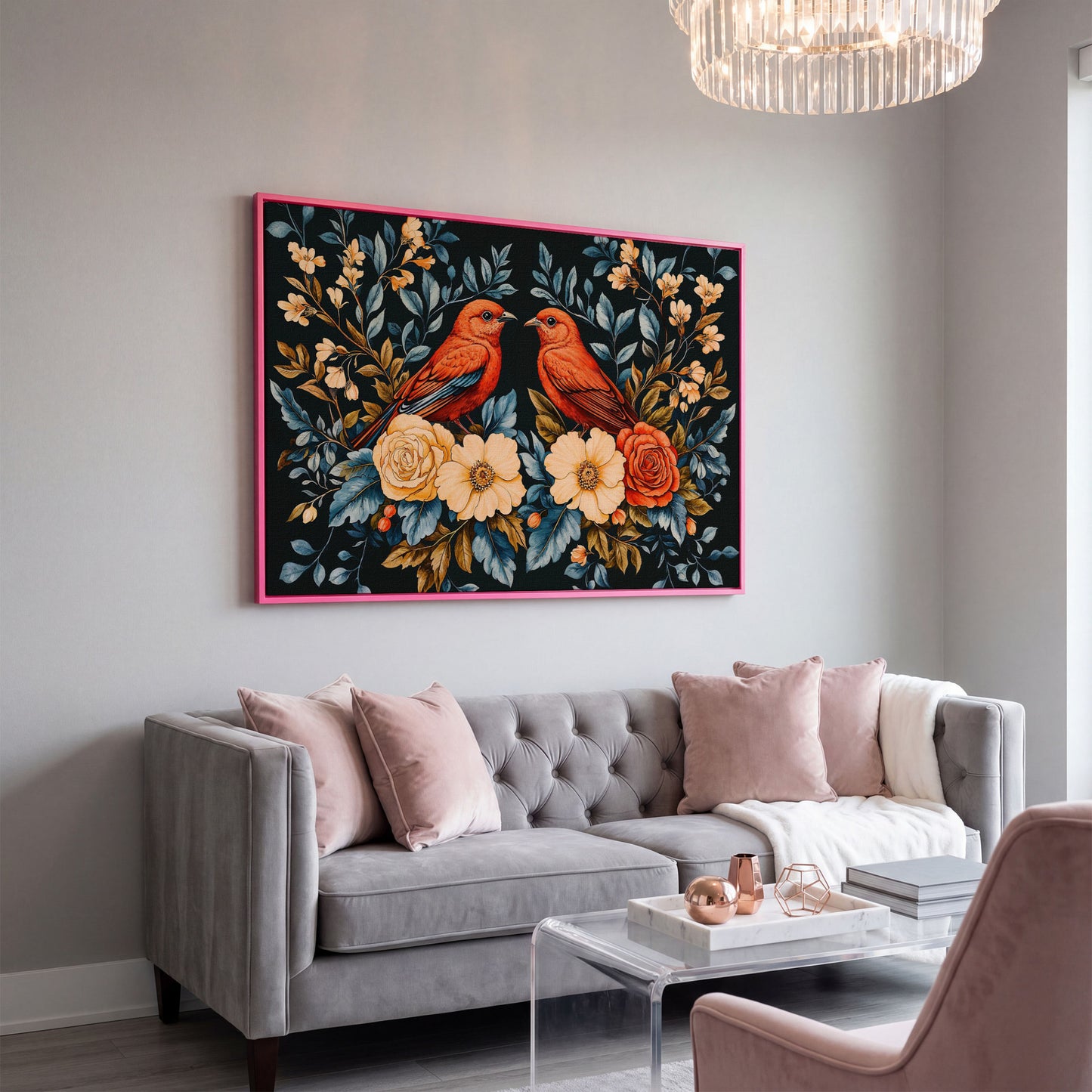 Red Birds & Roses Canvas Print for Living Rooms in pink floating frame