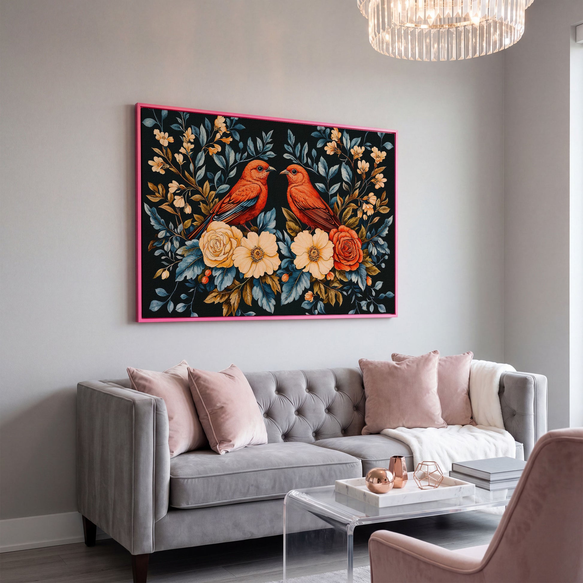 Red Birds & Roses Canvas Print for Living Rooms in pink floating frame